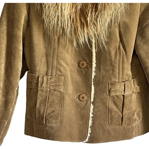 Boston Proper Womens Genuine Leather Suede Jacket With Mongolian Fur Trim Y2K - Picture 3 of 8